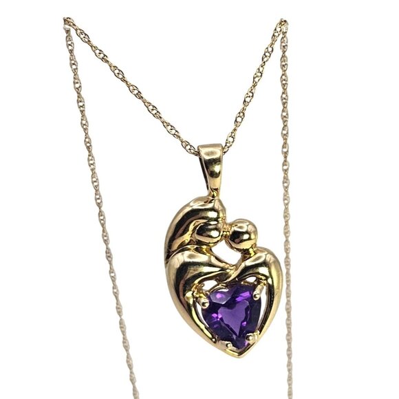Mother & Child14K Gold Amethyst Heart Pendant Necklace 18" - Picture 1 of 16